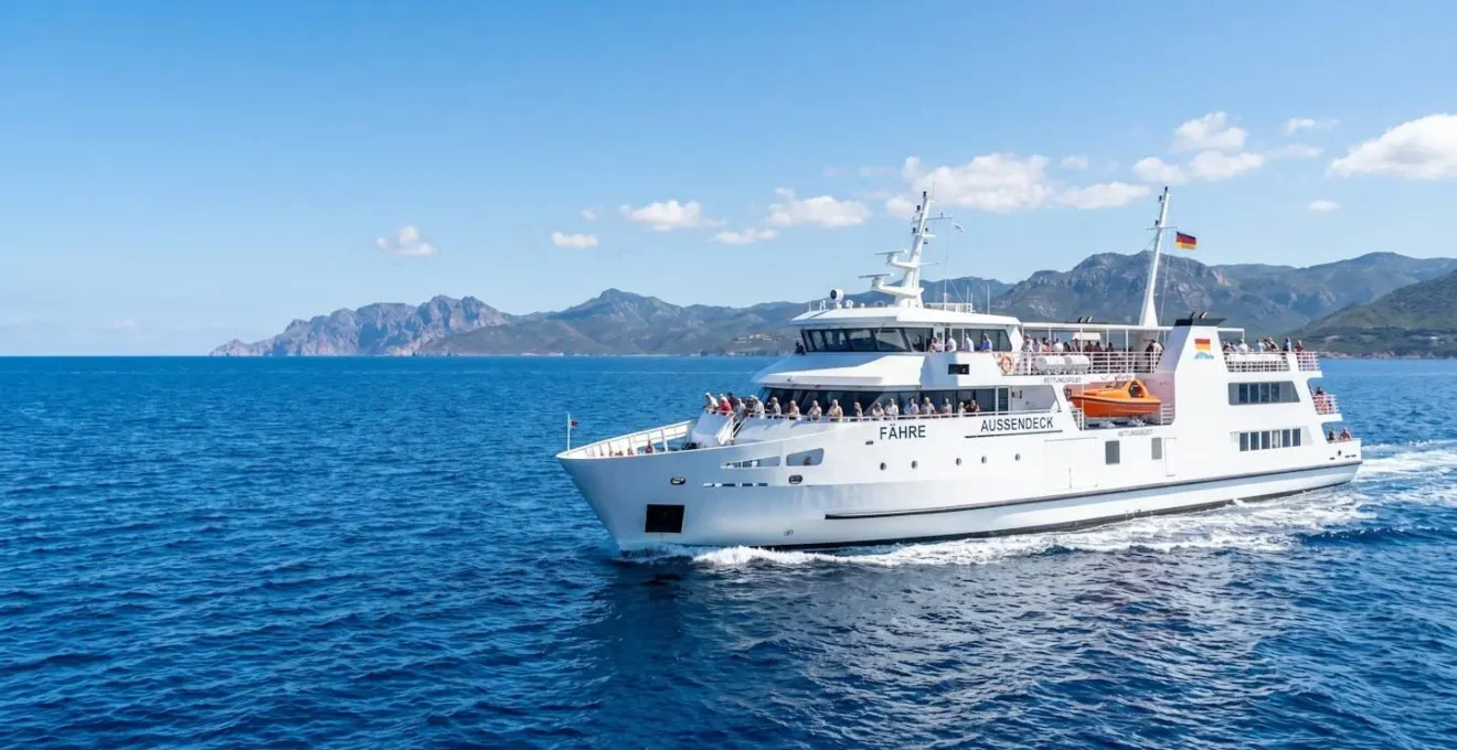 Weisses Fährschiff fährt auf ruhiger blauer See unter klarem Himmel