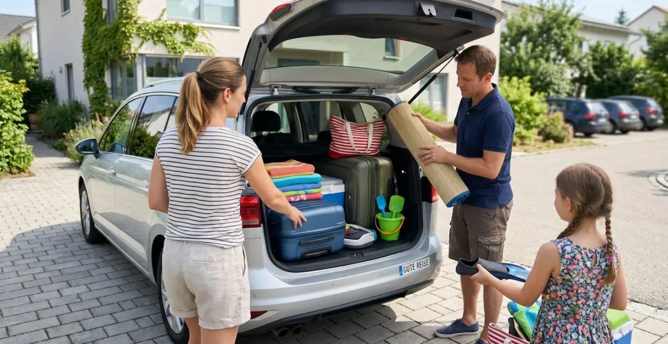 Familie steht vor geöffnetem Kofferraum eines SUV und verstaut Strandausrüstung und Koffer für die Sommerferien