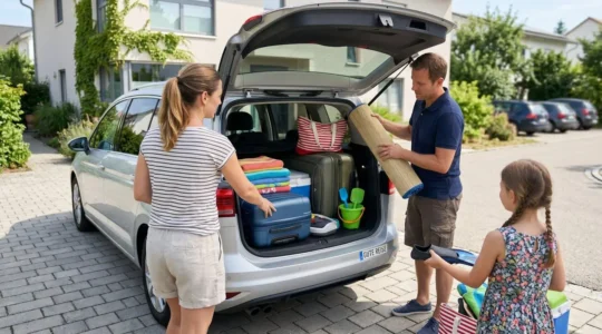 Familie steht vor geöffnetem Kofferraum eines SUV und verstaut Strandausrüstung und Koffer für die Sommerferien