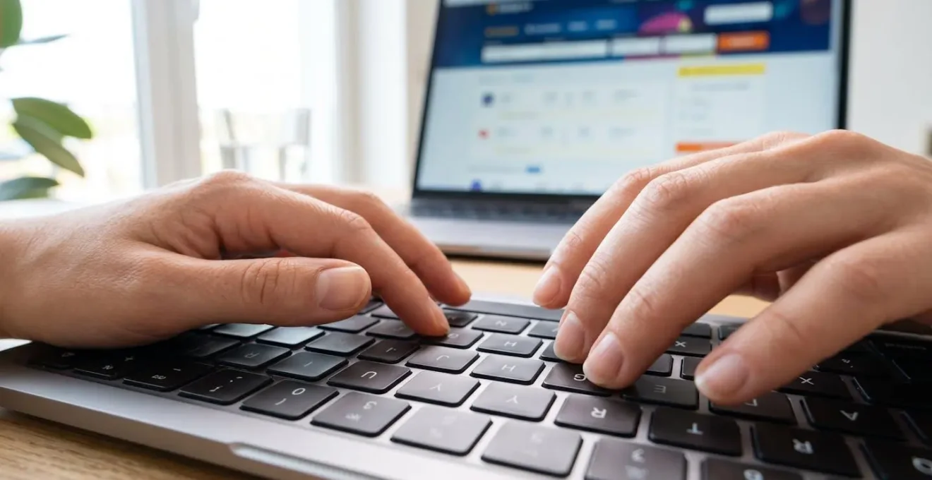 Nahaufnahme von Händen, die auf einer Laptop-Tastatur tippen, unscharfes Buchungsformular auf dem Bildschirm im Hintergrund